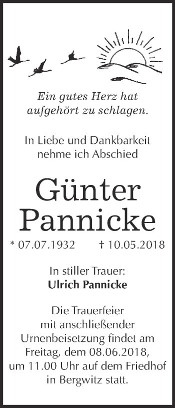 Traueranzeige von Günter Pannicke von WVG - Wochenspiegel Wittenberg
