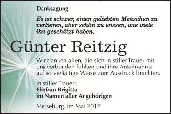 Traueranzeige von Günter Reitzig von WVG - Wochenspiegel Merseburg