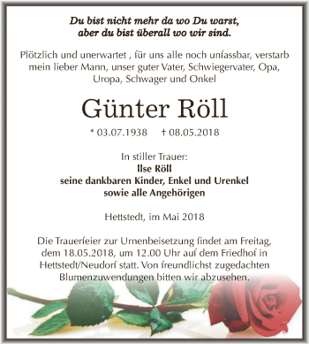 Traueranzeige von Günter Röll von Wochenspiegel Mansfelder Land