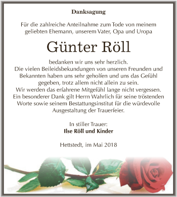 Traueranzeige von Günter Röll von Wochenspiegel Mansfelder Land