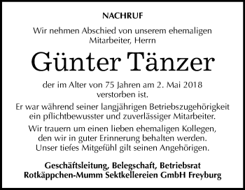 Traueranzeige von Günter Tänzer von Mitteldeutsche Zeitung