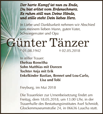Traueranzeige von Günter Tänzer von WVG - Wochenspiegel NMB / WSF / ZTZ