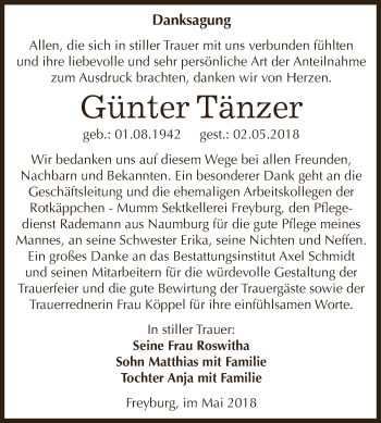 Traueranzeige von Günter Tänzer von WVG - Wochenspiegel NMB / WSF / ZTZ