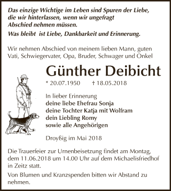 Traueranzeige von Günther Deibicht von Super Sonntag Zeitz