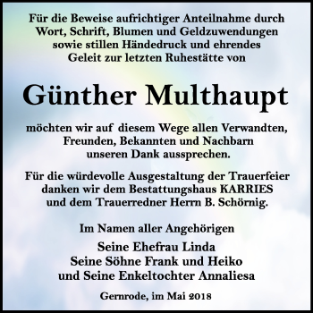 Traueranzeige von Günther Multhaupt von Mitteldeutsche Zeitung Quedlinburg