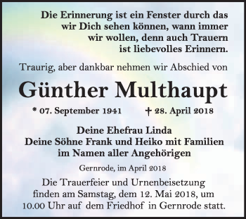 Traueranzeige von Günther Multhaupt von WVG - Wochenspiegel Quedlinburg