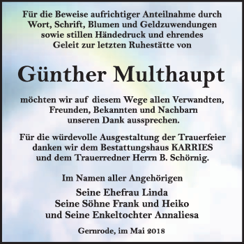 Traueranzeige von Günther Multhaupt von WVG - Wochenspiegel Quedlinburg