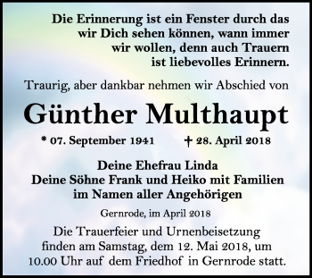 Traueranzeige von Günther Multhaupt von Mitteldeutsche Zeitung Quedlinburg