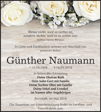Traueranzeige von Günther Naumann von Mitteldeutsche Zeitung Merseburg/Querfurt