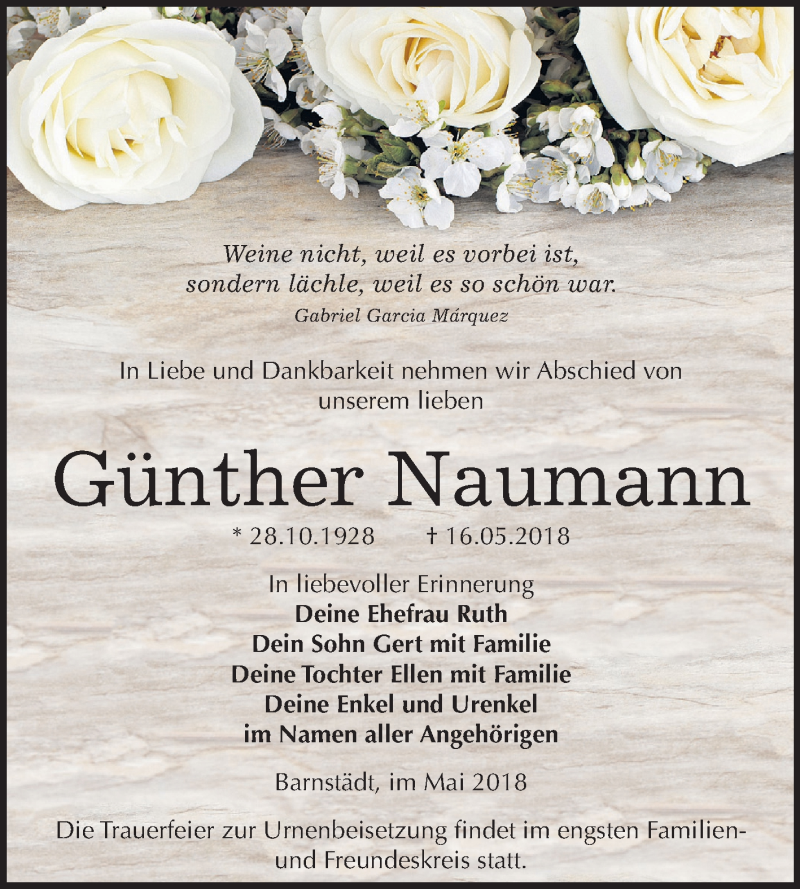  Traueranzeige für Günther Naumann vom 23.05.2018 aus Mitteldeutsche Zeitung Merseburg/Querfurt