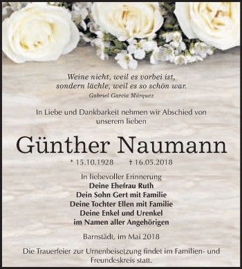 Traueranzeige von Günther Naumann von WVG - Wochenspiegel Merseburg
