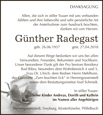 Traueranzeige von Günther Radegast von WVG - Wochenspiegel NMB / WSF / ZTZ