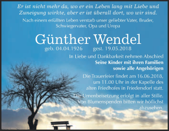 Traueranzeige von Günther Wendel von WVG - Wochenspiegel Bitterfeld