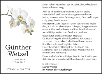 Traueranzeige von Günther Wetzel von Mitteldeutsche Zeitung Sangerhausen