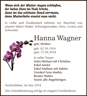 Traueranzeige von Hanna Wagner von Super Sonntag Aschersleben