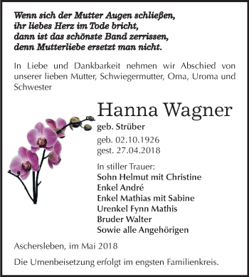 Traueranzeige von Hanna Wagner von Mitteldeutsche Zeitung Aschersleben
