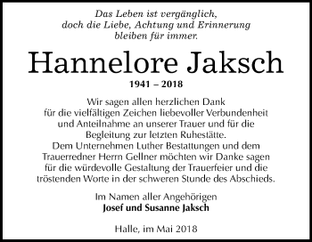 Traueranzeige von Hannelore Jaksch von Mitteldeutsche Zeitung Halle/Saalkreis