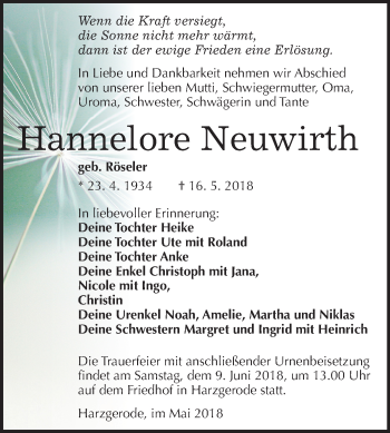 Traueranzeige von Hannelore Neuwirth von Mitteldeutsche Zeitung