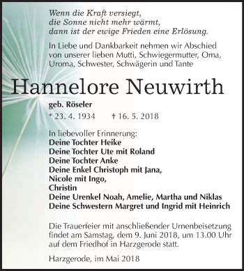 Traueranzeige von Hannelore Neuwirth von WVG - Wochenspiegel Quedlinburg