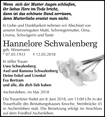 Traueranzeige von Hannelore Schwalenberg von Mitteldeutsche Zeitung Aschersleben