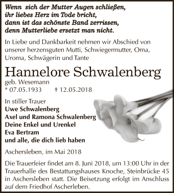 Traueranzeige von Hannelore Schwalenberg von Super Sonntag Aschersleben