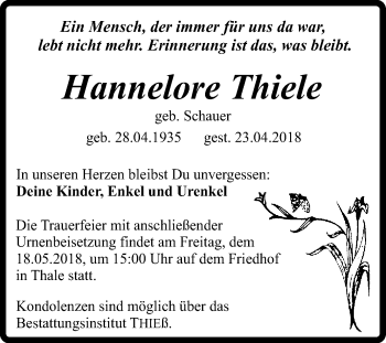 Traueranzeige von Hannelore Thiele von Super Sonntag Quedlinburg