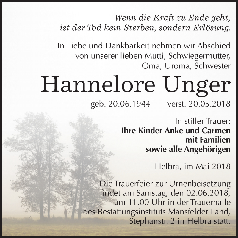  Traueranzeige für Hannelore Unger vom 30.05.2018 aus Mitteldeutsche Zeitung
