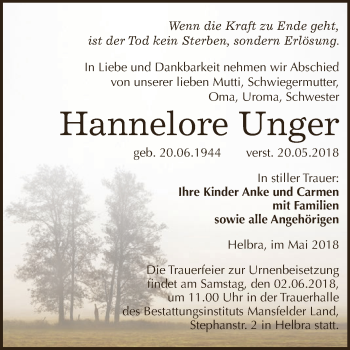 Traueranzeige von Hannelore Unger von Wochenspiegel Mansfelder Land