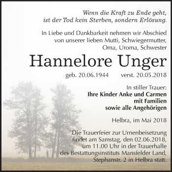 Traueranzeige von Hannelore Unger von Mitteldeutsche Zeitung