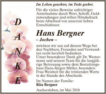 Traueranzeige von Hans Bergner von Super Sonntag Aschersleben
