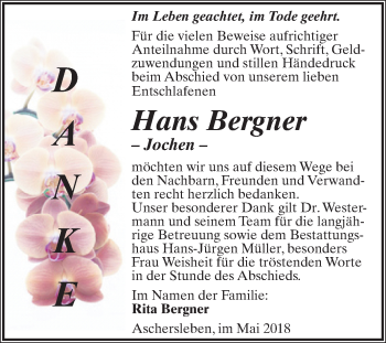 Traueranzeige von Hans Bergner von Mitteldeutsche Zeitung Aschersleben