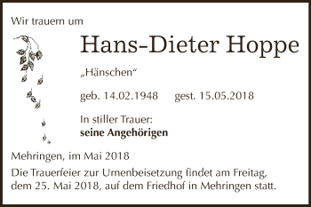 Traueranzeige von Hans-Dieter Hoppe von Super Sonntag Aschersleben