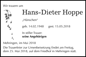 Traueranzeige von Hans-Dieter Hoppe von Mitteldeutsche Zeitung Aschersleben