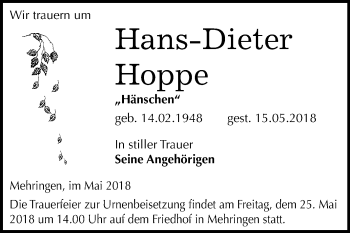 Traueranzeige von Hans-Dieter Hoppe von Mitteldeutsche Zeitung Aschersleben