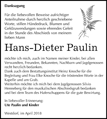 Traueranzeige von Hans-Dieter Paulin von Mitteldeutsche Zeitung Aschersleben
