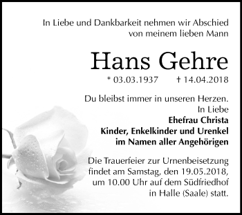 Traueranzeige von Hans Gehre von Mitteldeutsche Zeitung Halle/Saalkreis
