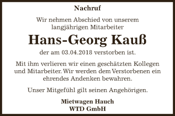 Traueranzeige von Hans-Georg Kauß von Super Sonntag Dessau / Köthen