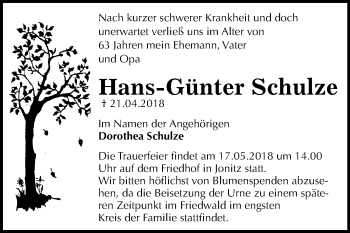 Traueranzeige von Hans-Günter Schulze von Mitteldeutsche Zeitung Dessau-Roßlau