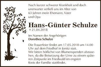 Traueranzeige von Hans-Günter Schulze von WVG - Wochenspiegel Dessau / Köthen