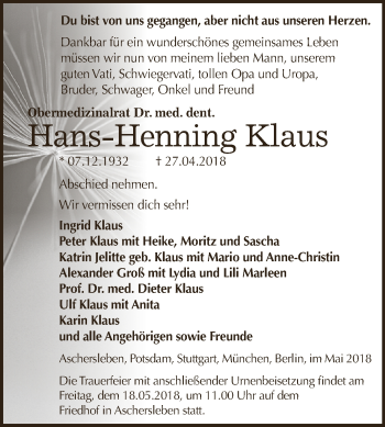 Traueranzeige von Hans-Henning Klaus von Super Sonntag Aschersleben