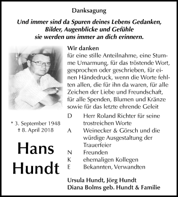 Traueranzeige von Hans Hundt von Mitteldeutsche Zeitung Bernburg