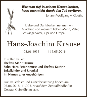 Traueranzeige von Hans-Joachim Krause von WVG - Wochenspiegel Dessau / Köthen
