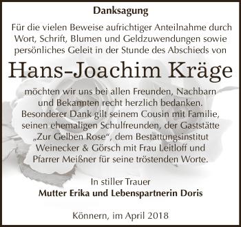 Traueranzeige von Hans-Joachim Kräge von Super Sonntag Bernburg