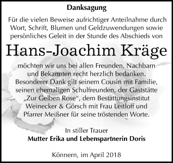 Traueranzeige von Hans-Joachim Kräge von Mitteldeutsche Zeitung Bernburg