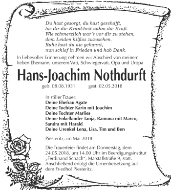 Traueranzeige von Hans-Joachim Nothdurft von WVG - Wochenspiegel Wittenberg