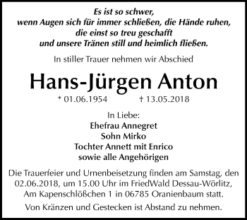 Traueranzeige von Hans-Jürgen Anton von Mitteldeutsche Zeitung Dessau-Roßlau