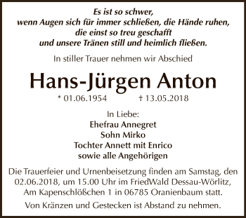 Traueranzeige von Hans-Jürgen Anton von Super Sonntag Dessau / Köthen