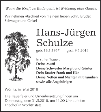 Traueranzeige von Hans-Jürgen Schulze von WVG - Wochenspiegel Wittenberg