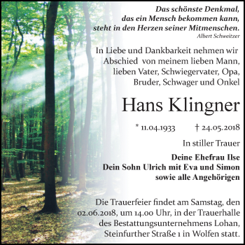 Traueranzeige von Hans Klingner von Mitteldeutsche Zeitung Bitterfeld