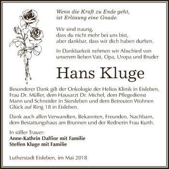 Traueranzeige von Hans Kluge von Wochenspiegel Mansfelder Land